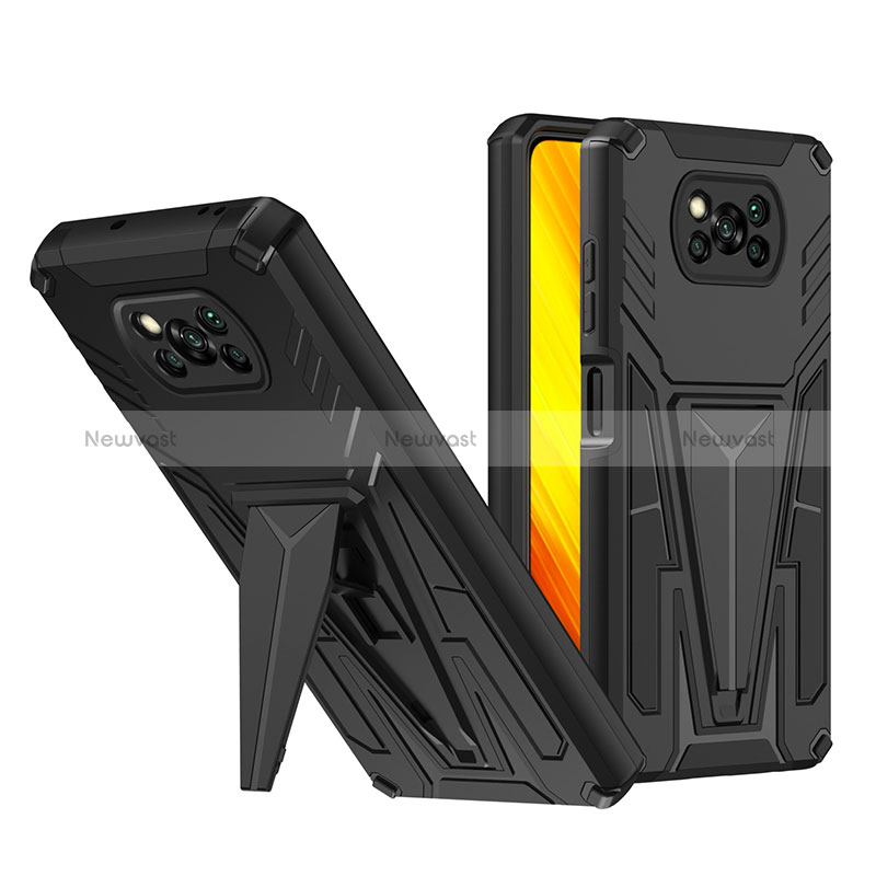 Silicone Matte Finish and Plastic Back Cover Case with Stand MQ1 for Xiaomi Poco X3 Black