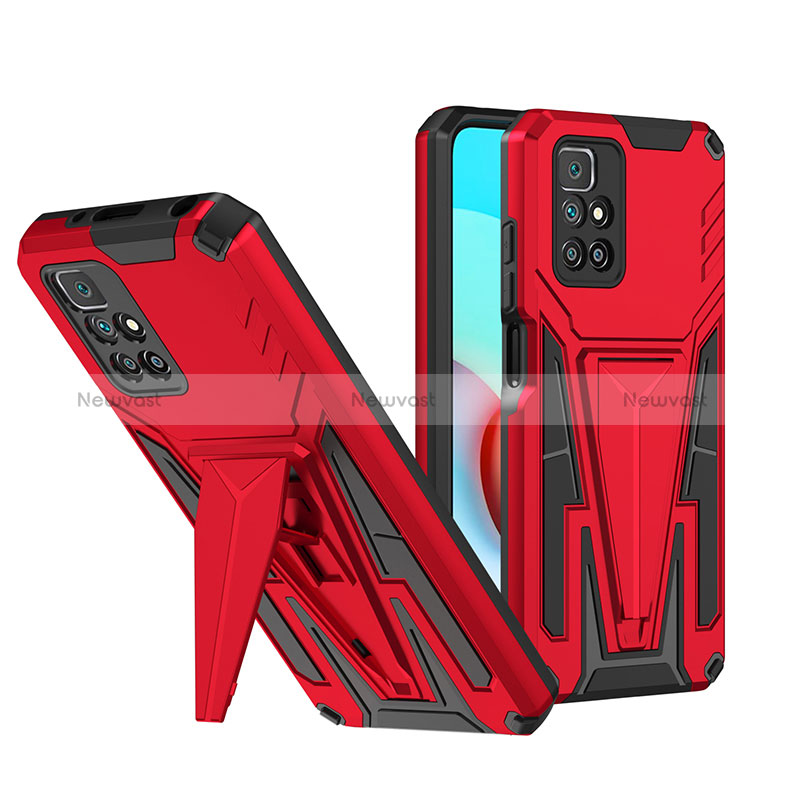 Silicone Matte Finish and Plastic Back Cover Case with Stand MQ1 for Xiaomi Redmi 10 4G Red