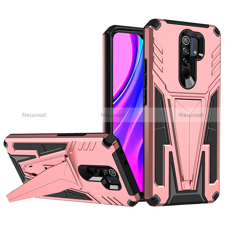 Silicone Matte Finish and Plastic Back Cover Case with Stand MQ1 for Xiaomi Redmi 9 Prime India Rose Gold