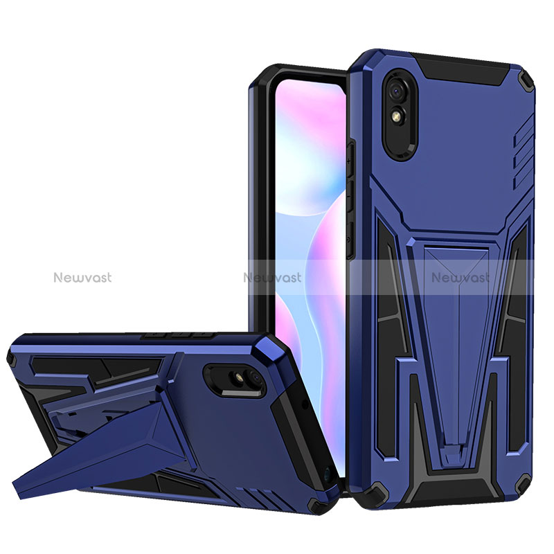 Silicone Matte Finish and Plastic Back Cover Case with Stand MQ1 for Xiaomi Redmi 9A Blue