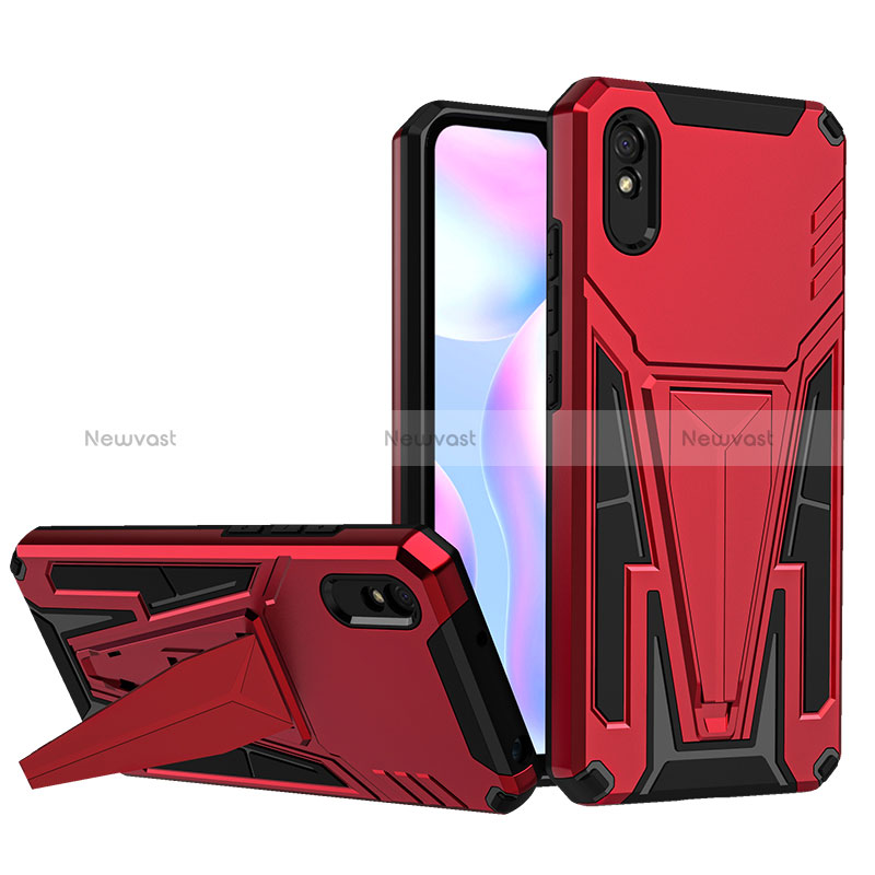 Silicone Matte Finish and Plastic Back Cover Case with Stand MQ1 for Xiaomi Redmi 9A Red