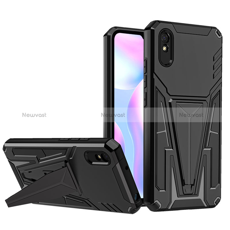 Silicone Matte Finish and Plastic Back Cover Case with Stand MQ1 for Xiaomi Redmi 9AT Black