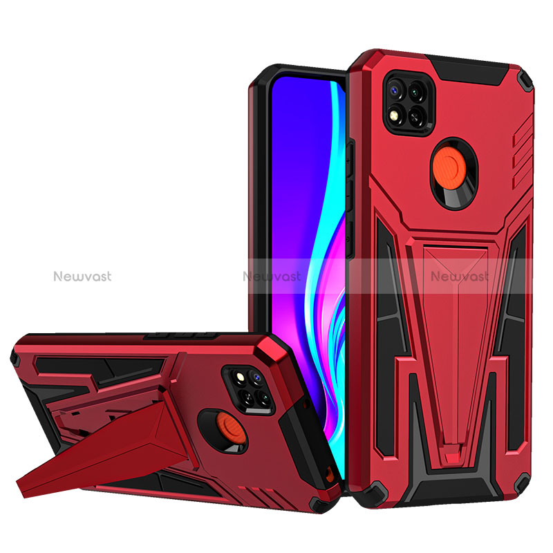 Silicone Matte Finish and Plastic Back Cover Case with Stand MQ1 for Xiaomi Redmi 9C NFC Red