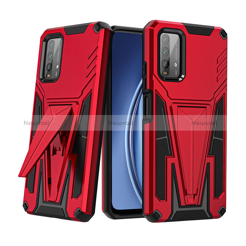 Silicone Matte Finish and Plastic Back Cover Case with Stand MQ1 for Xiaomi Redmi 9T 4G Red