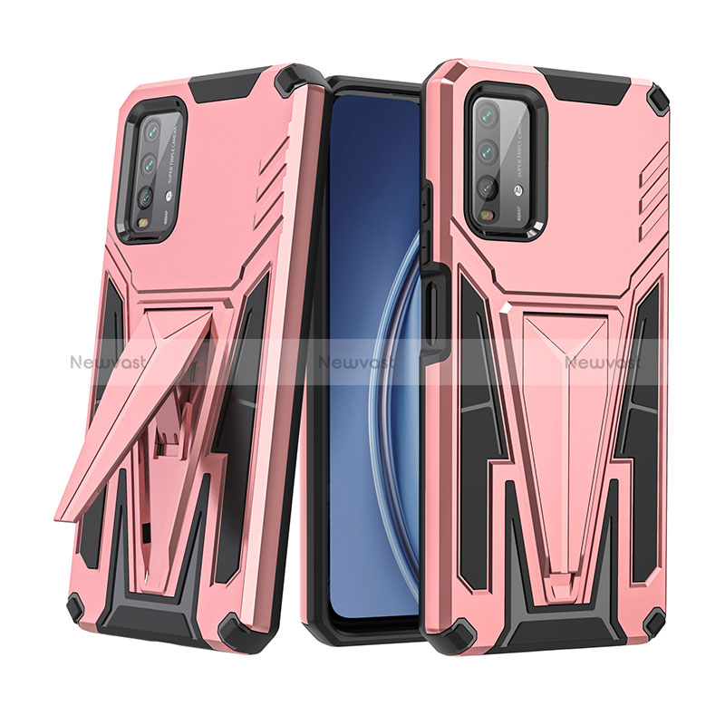 Silicone Matte Finish and Plastic Back Cover Case with Stand MQ1 for Xiaomi Redmi 9T 4G Rose Gold