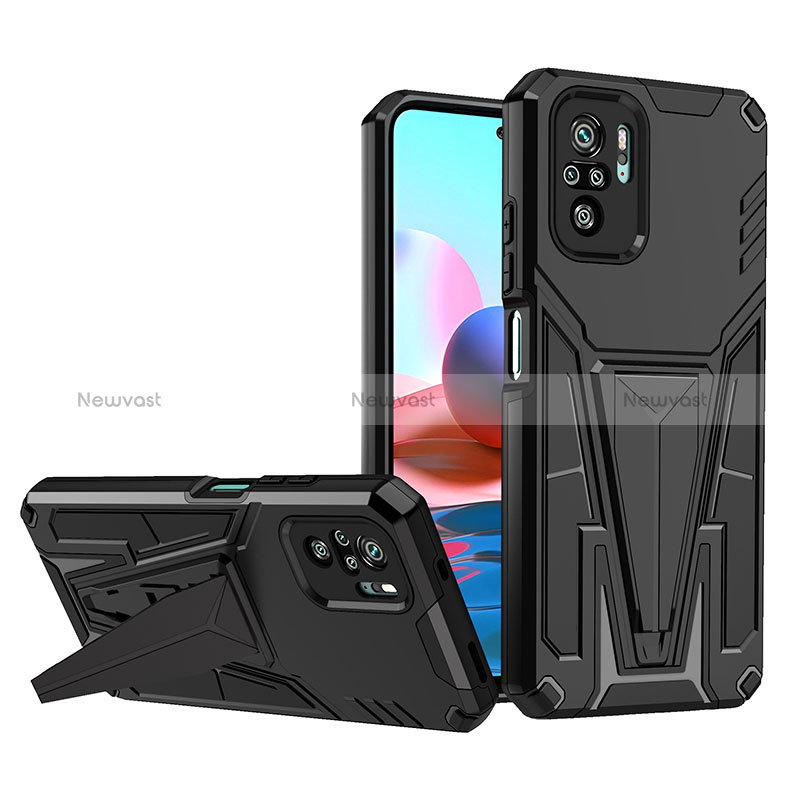 Silicone Matte Finish and Plastic Back Cover Case with Stand MQ1 for Xiaomi Redmi Note 10 4G Black