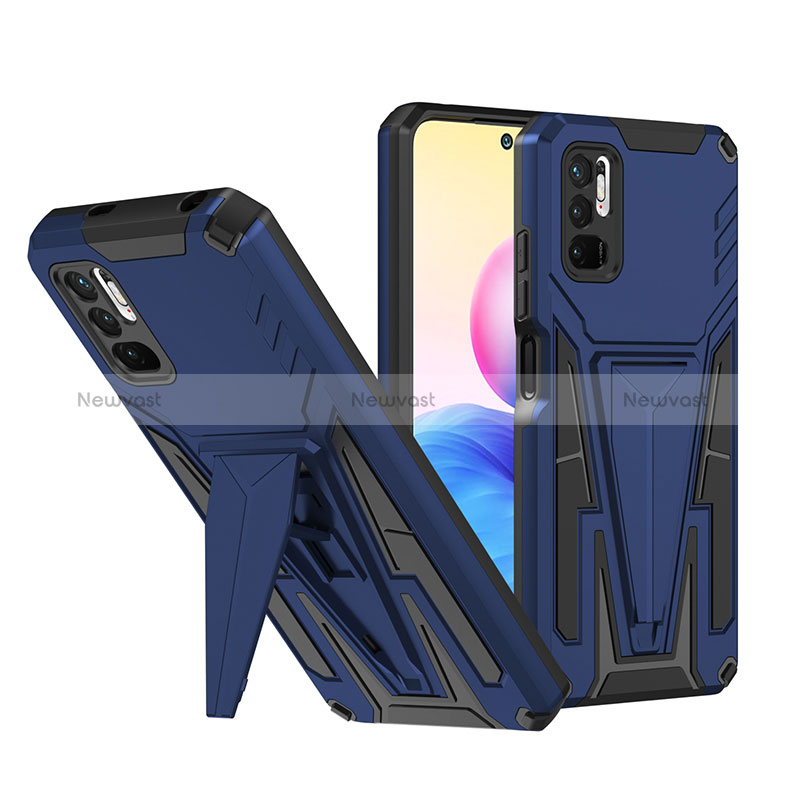 Silicone Matte Finish and Plastic Back Cover Case with Stand MQ1 for Xiaomi Redmi Note 10 5G Blue