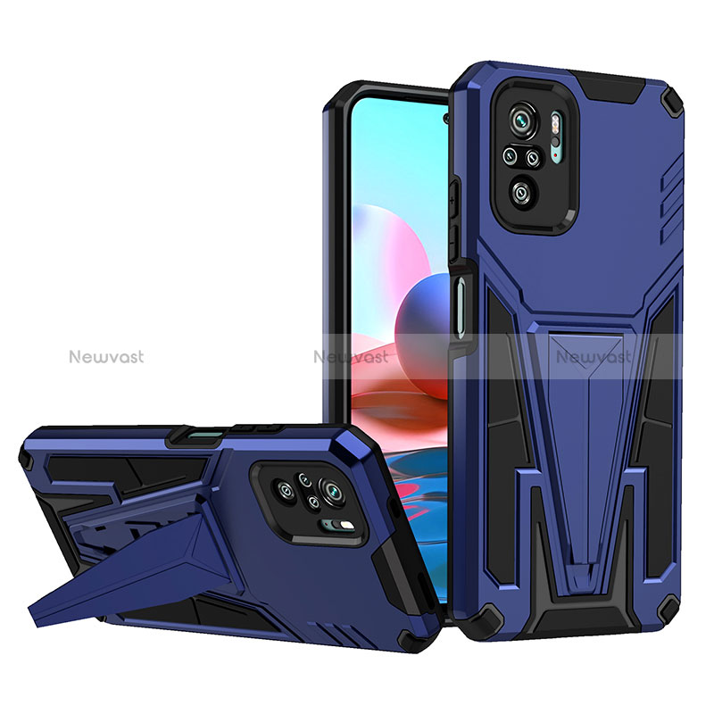 Silicone Matte Finish and Plastic Back Cover Case with Stand MQ1 for Xiaomi Redmi Note 10S 4G Blue