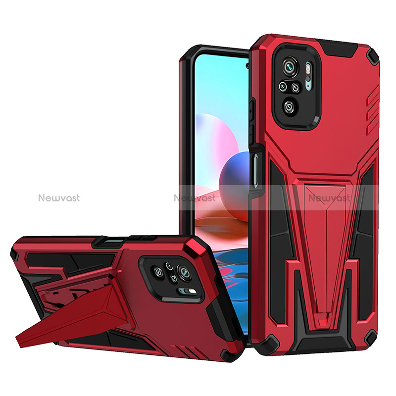 Silicone Matte Finish and Plastic Back Cover Case with Stand MQ1 for Xiaomi Redmi Note 10S 4G Red
