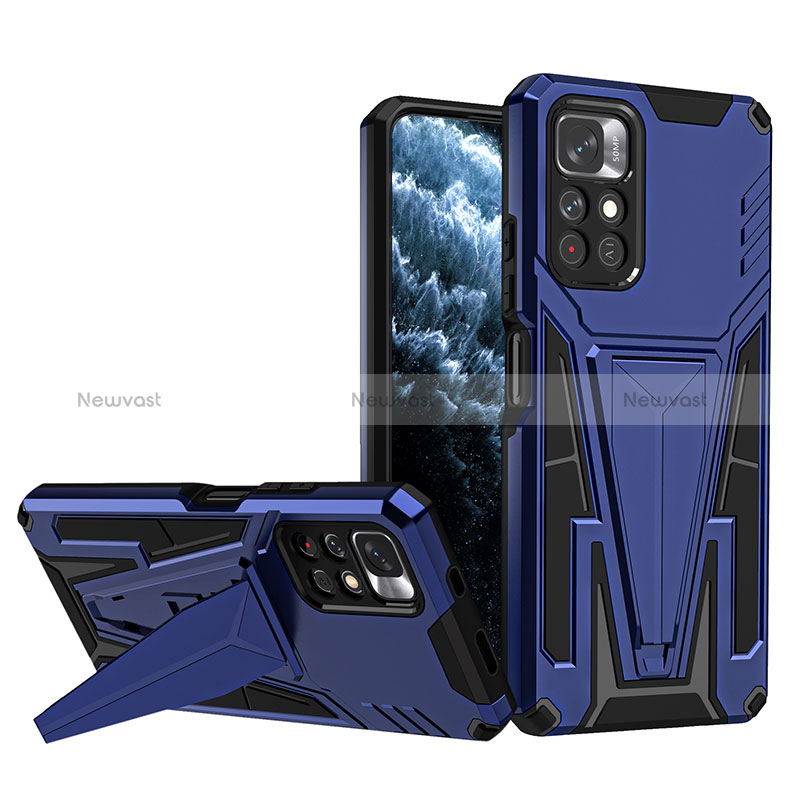 Silicone Matte Finish and Plastic Back Cover Case with Stand MQ1 for Xiaomi Redmi Note 11 5G Blue