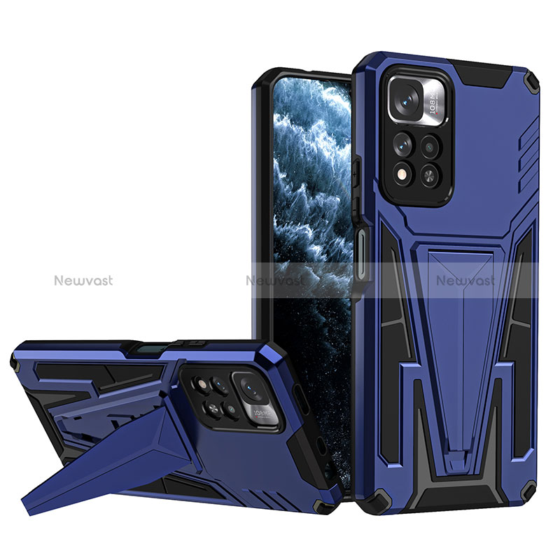 Silicone Matte Finish and Plastic Back Cover Case with Stand MQ1 for Xiaomi Redmi Note 11 Pro+ Plus 5G Blue