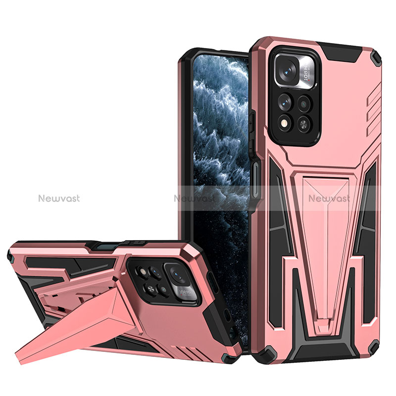 Silicone Matte Finish and Plastic Back Cover Case with Stand MQ1 for Xiaomi Redmi Note 11 Pro+ Plus 5G Rose Gold