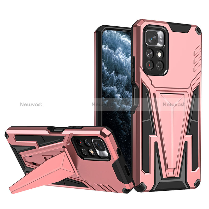 Silicone Matte Finish and Plastic Back Cover Case with Stand MQ1 for Xiaomi Redmi Note 11T 5G Rose Gold