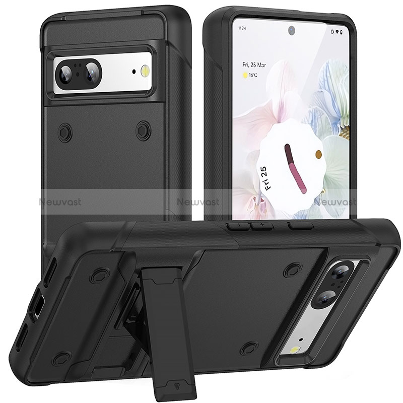 Silicone Matte Finish and Plastic Back Cover Case with Stand MQ2 for Google Pixel 7 5G Black