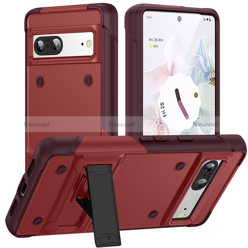 Silicone Matte Finish and Plastic Back Cover Case with Stand MQ2 for Google Pixel 7 5G Red