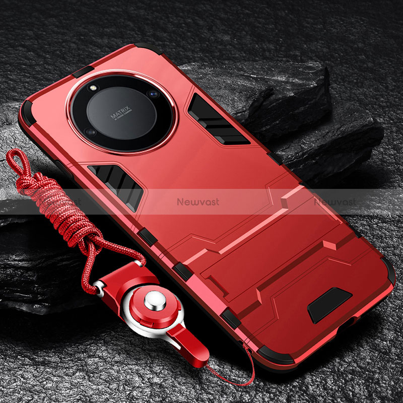 Silicone Matte Finish and Plastic Back Cover Case with Stand R01 for Huawei Honor Magic6 Lite 5G Red