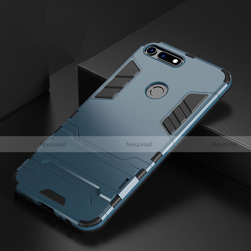 Silicone Matte Finish and Plastic Back Cover Case with Stand R01 for Huawei Honor V20 Blue