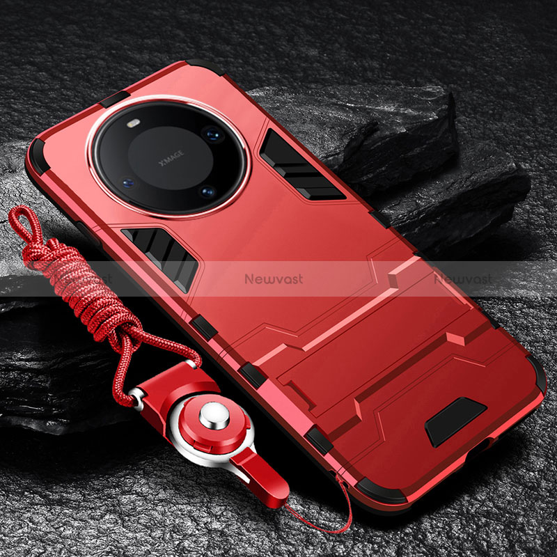 Silicone Matte Finish and Plastic Back Cover Case with Stand R01 for Huawei Mate 60 Pro+ Plus Red