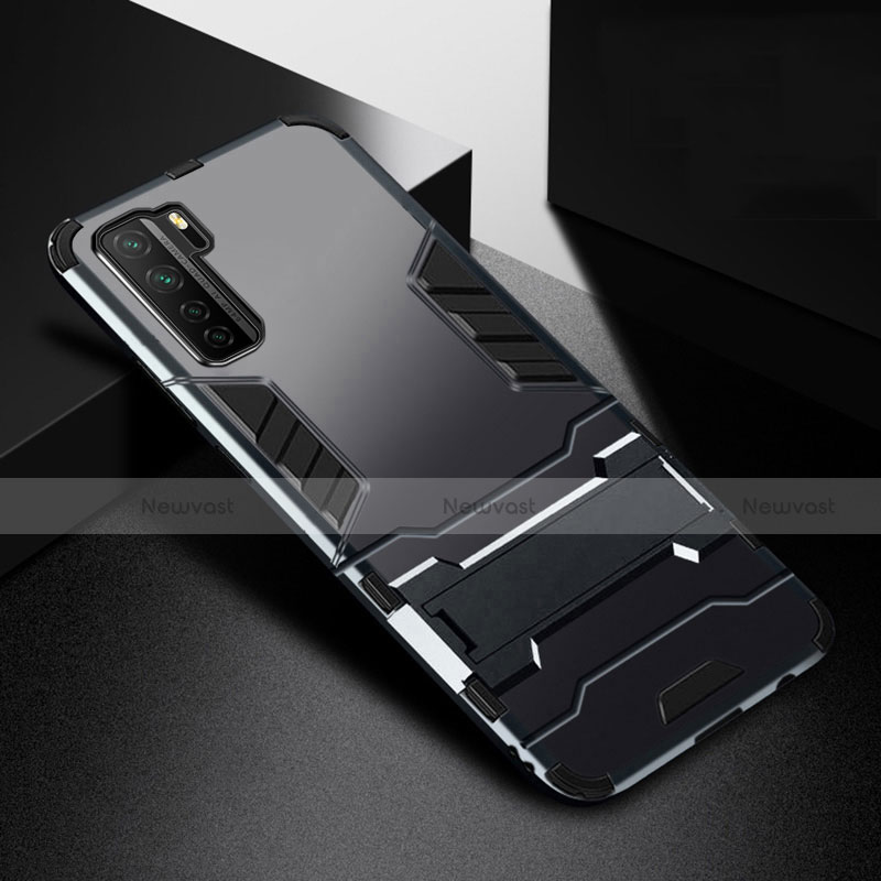 Silicone Matte Finish and Plastic Back Cover Case with Stand R01 for Huawei Nova 7 SE 5G Black