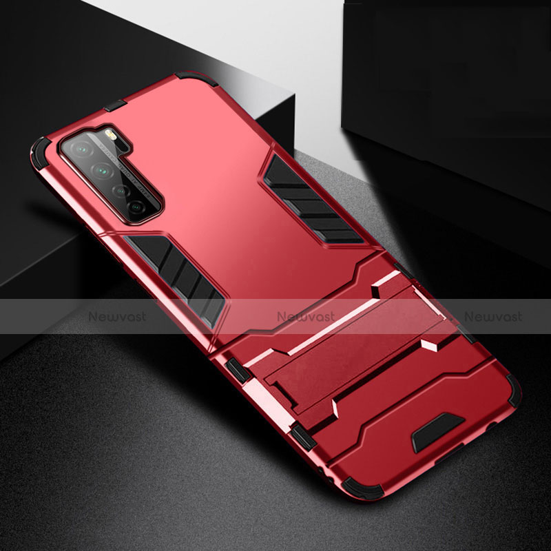 Silicone Matte Finish and Plastic Back Cover Case with Stand R01 for Huawei Nova 7 SE 5G Red