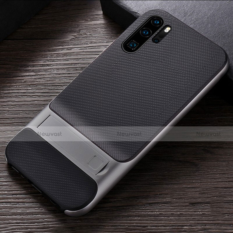 Silicone Matte Finish and Plastic Back Cover Case with Stand R01 for Huawei P30 Pro New Edition Silver