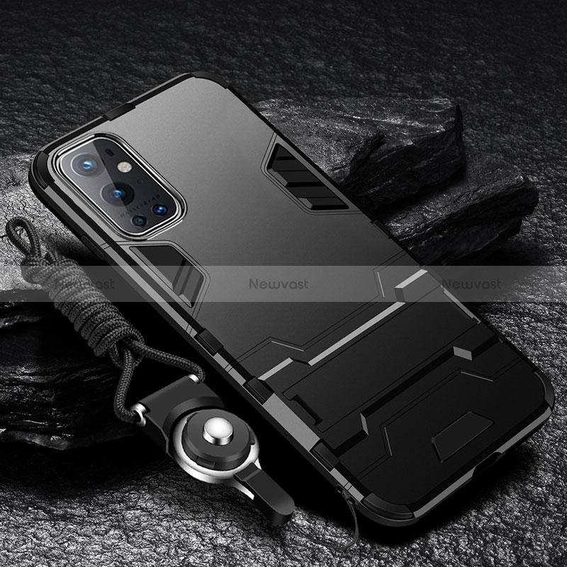 Silicone Matte Finish and Plastic Back Cover Case with Stand R01 for OnePlus 9 Pro 5G Black