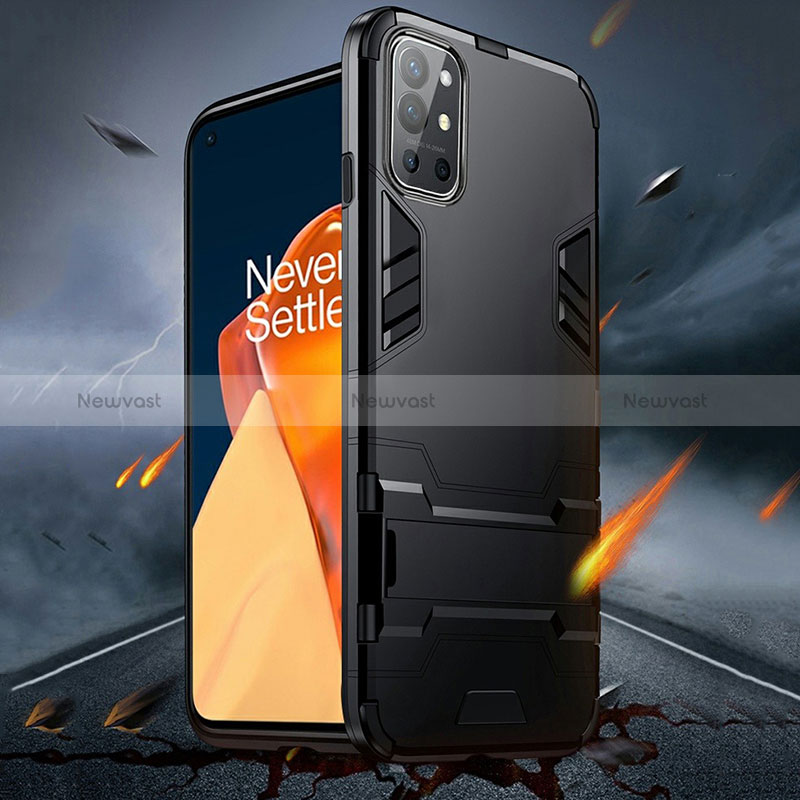 Silicone Matte Finish and Plastic Back Cover Case with Stand R01 for OnePlus 9R 5G