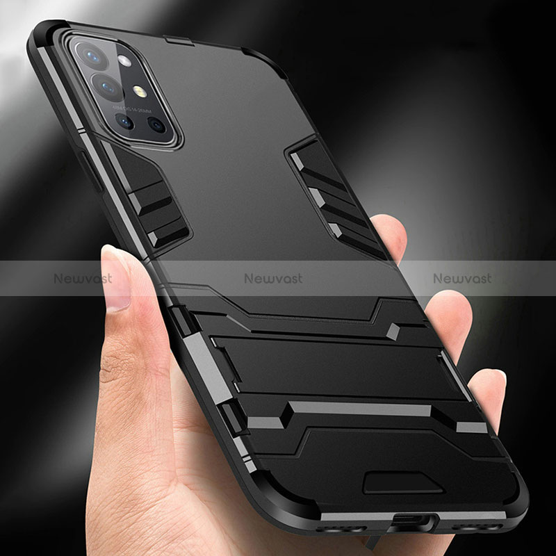 Silicone Matte Finish and Plastic Back Cover Case with Stand R01 for OnePlus 9R 5G