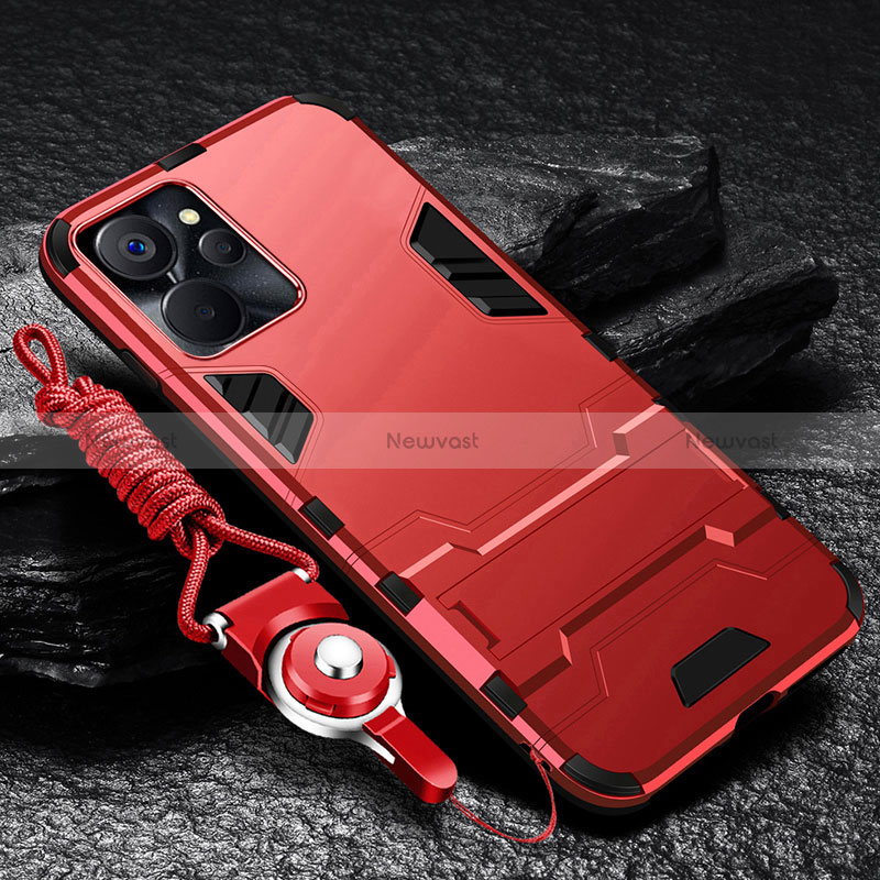 Silicone Matte Finish and Plastic Back Cover Case with Stand R01 for Realme 10 5G Red