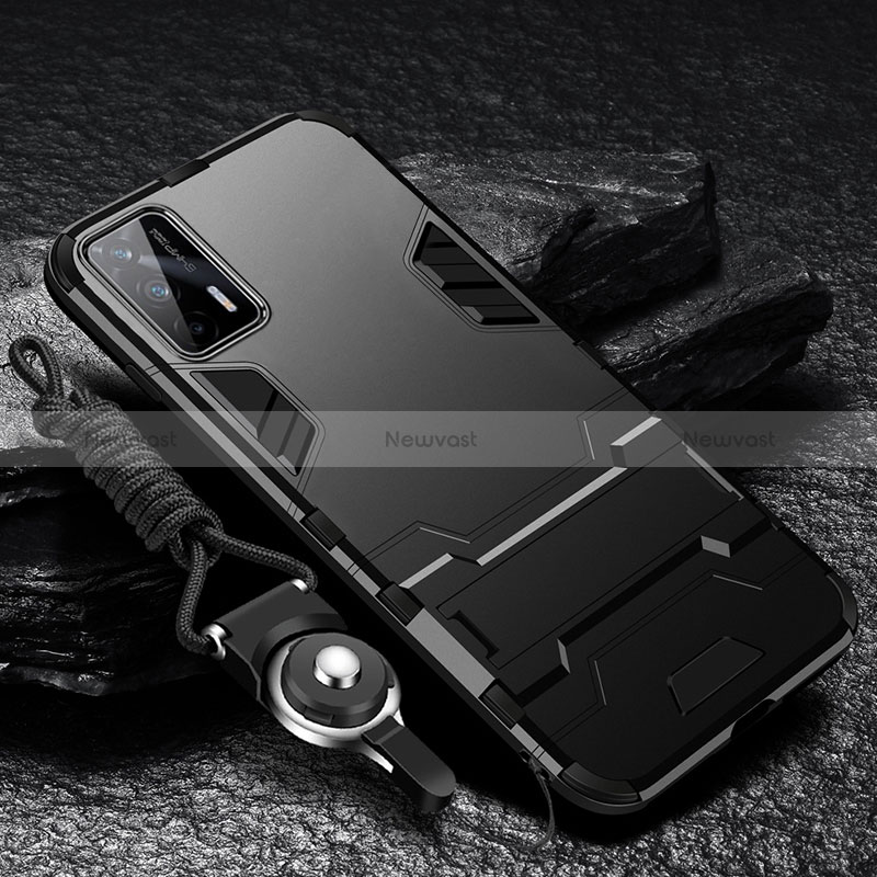 Silicone Matte Finish and Plastic Back Cover Case with Stand R01 for Realme GT 5G Black