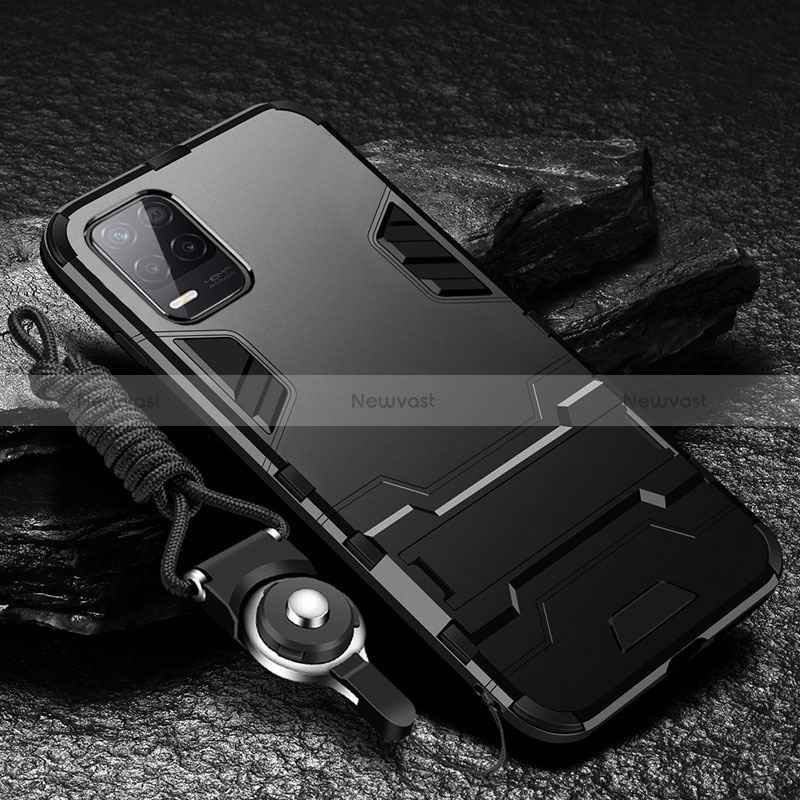 Silicone Matte Finish and Plastic Back Cover Case with Stand R01 for Realme Q3 5G Black