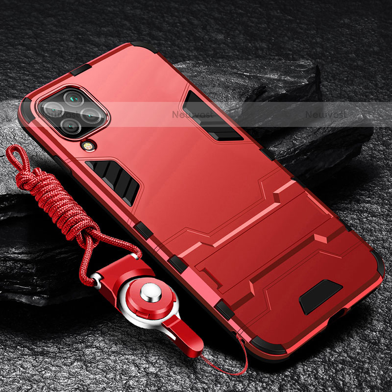 Silicone Matte Finish and Plastic Back Cover Case with Stand R01 for Samsung Galaxy A12 Red