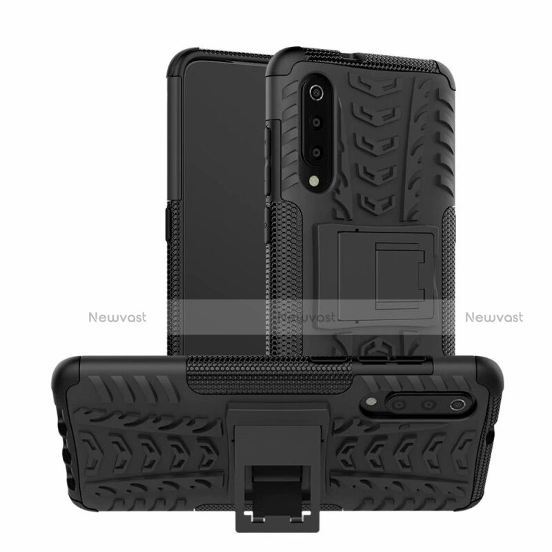 Silicone Matte Finish and Plastic Back Cover Case with Stand R01 for Samsung Galaxy A70 Black