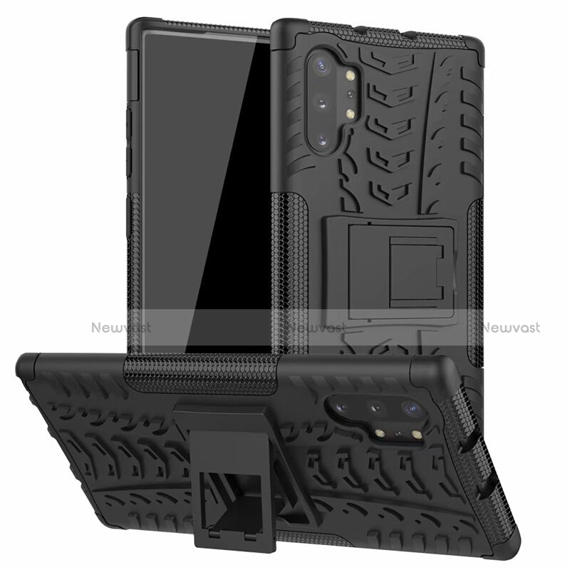 Silicone Matte Finish and Plastic Back Cover Case with Stand R01 for Samsung Galaxy Note 10 Plus Black