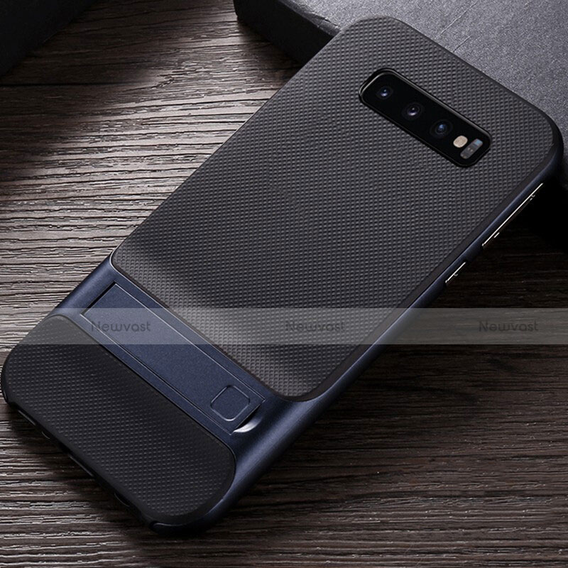 Silicone Matte Finish and Plastic Back Cover Case with Stand R01 for Samsung Galaxy S10 5G Blue