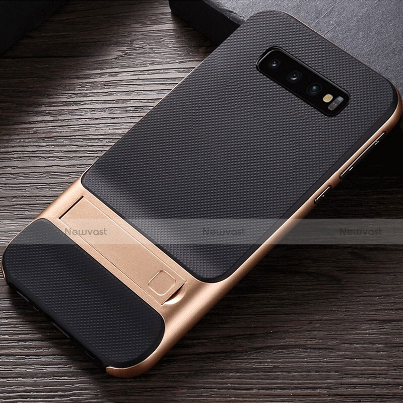 Silicone Matte Finish and Plastic Back Cover Case with Stand R01 for Samsung Galaxy S10 5G Gold