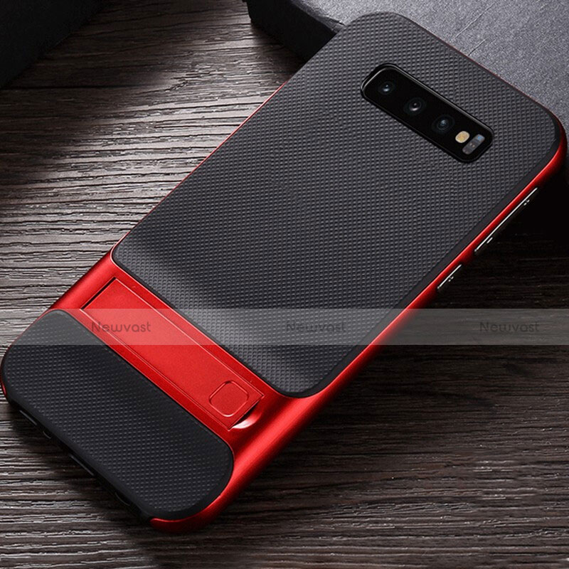 Silicone Matte Finish and Plastic Back Cover Case with Stand R01 for Samsung Galaxy S10 Plus Red