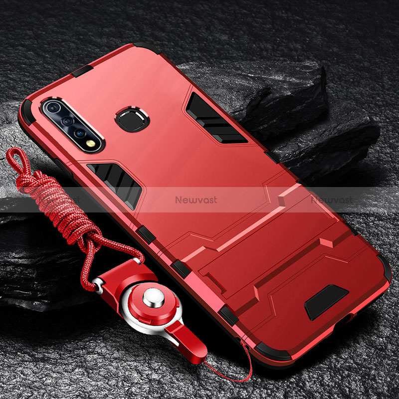 Silicone Matte Finish and Plastic Back Cover Case with Stand R01 for Vivo iQOO U3 4G Red