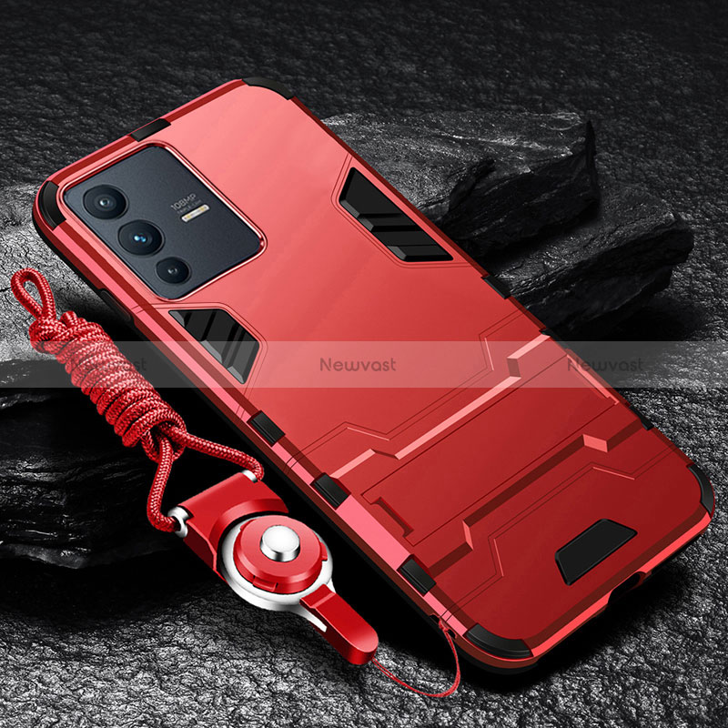 Silicone Matte Finish and Plastic Back Cover Case with Stand R01 for Vivo V23 Pro 5G Red