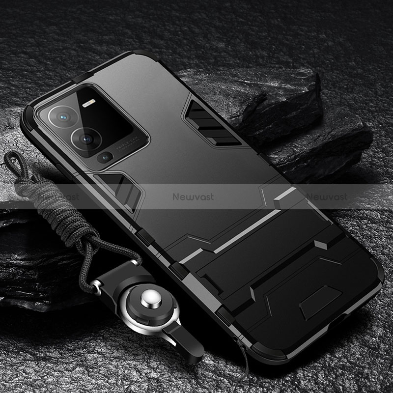 Silicone Matte Finish and Plastic Back Cover Case with Stand R01 for Vivo V25 Pro 5G Black