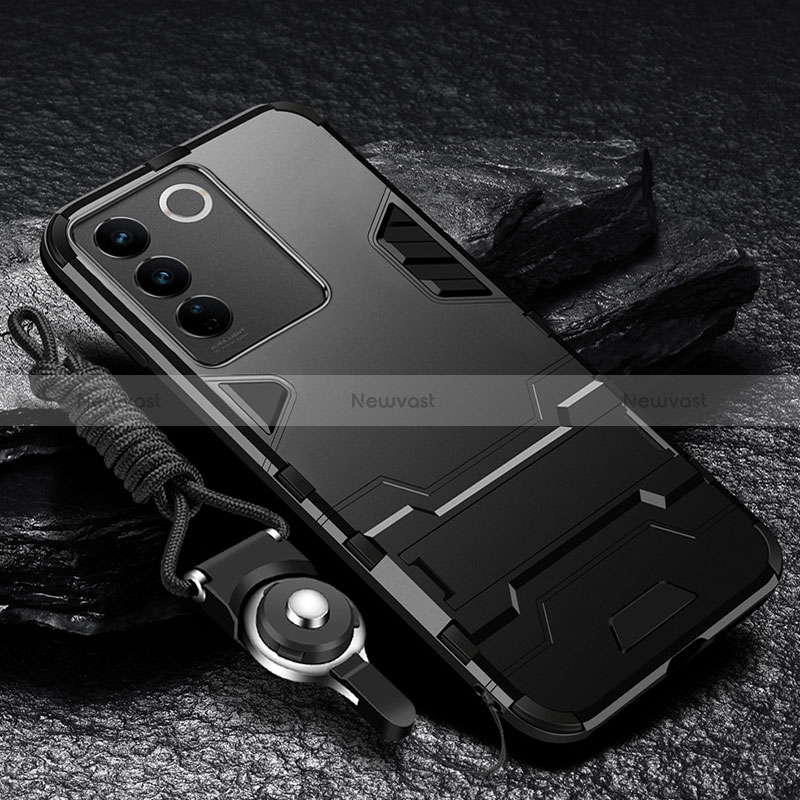 Silicone Matte Finish and Plastic Back Cover Case with Stand R01 for Vivo V27 Pro 5G Black