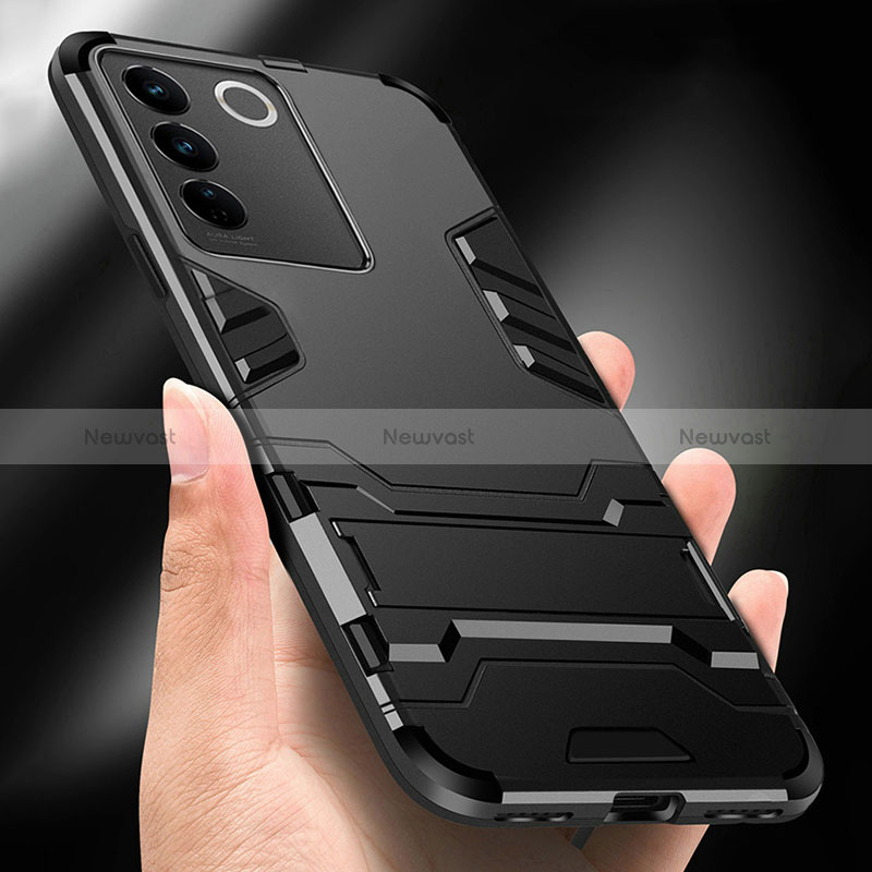 Silicone Matte Finish and Plastic Back Cover Case with Stand R01 for Vivo V27e 5G