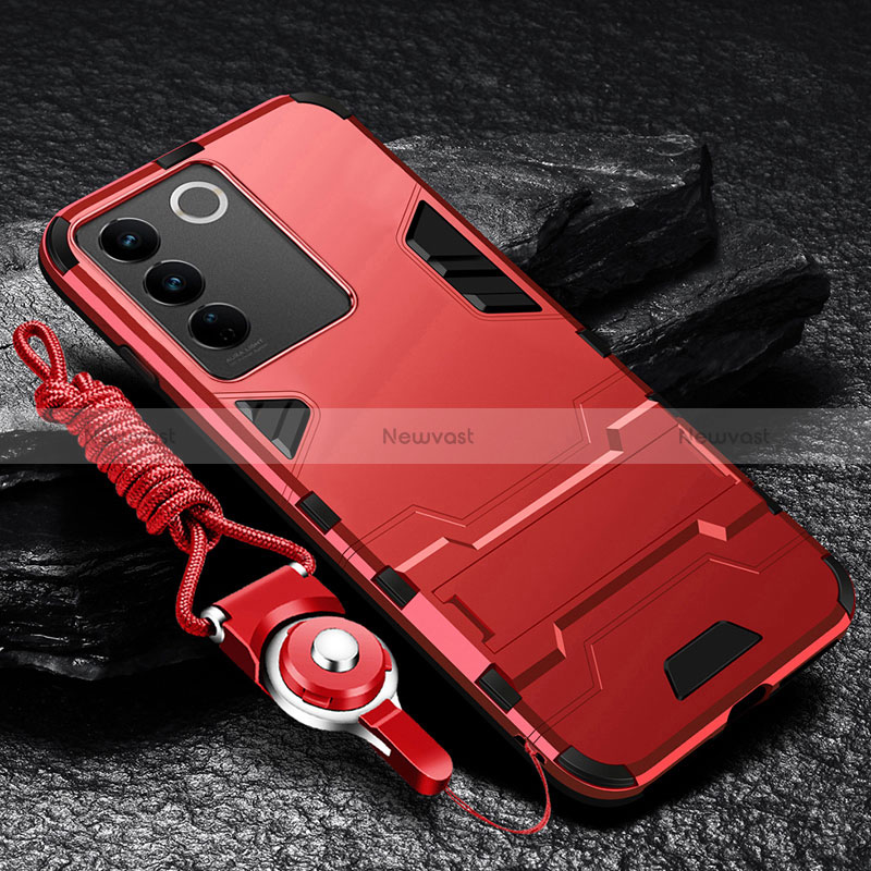Silicone Matte Finish and Plastic Back Cover Case with Stand R01 for Vivo V27e 5G Red