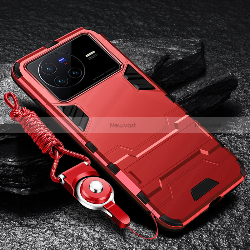 Silicone Matte Finish and Plastic Back Cover Case with Stand R01 for Vivo X80 5G Red