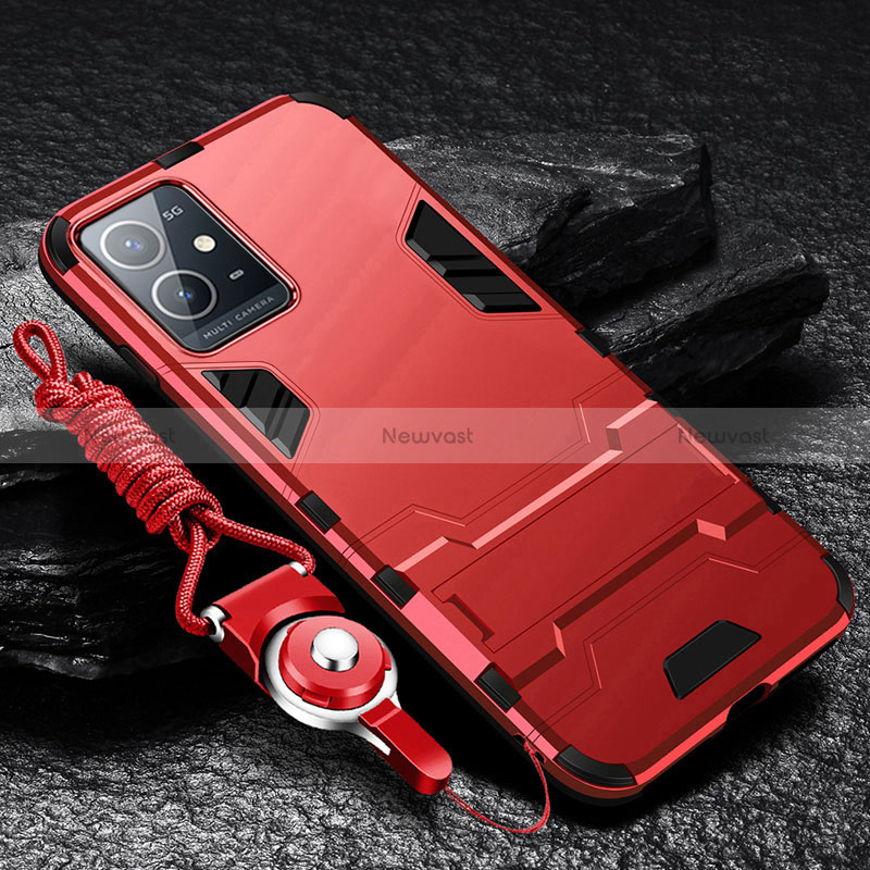 Silicone Matte Finish and Plastic Back Cover Case with Stand R01 for Vivo Y33e 5G Red