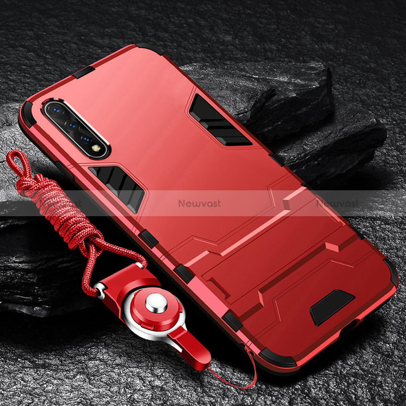 Silicone Matte Finish and Plastic Back Cover Case with Stand R01 for Vivo Y7s Red