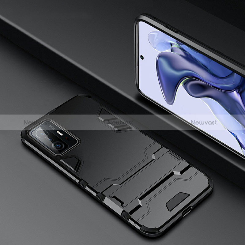 Silicone Matte Finish and Plastic Back Cover Case with Stand R01 for Xiaomi Mi 11T 5G