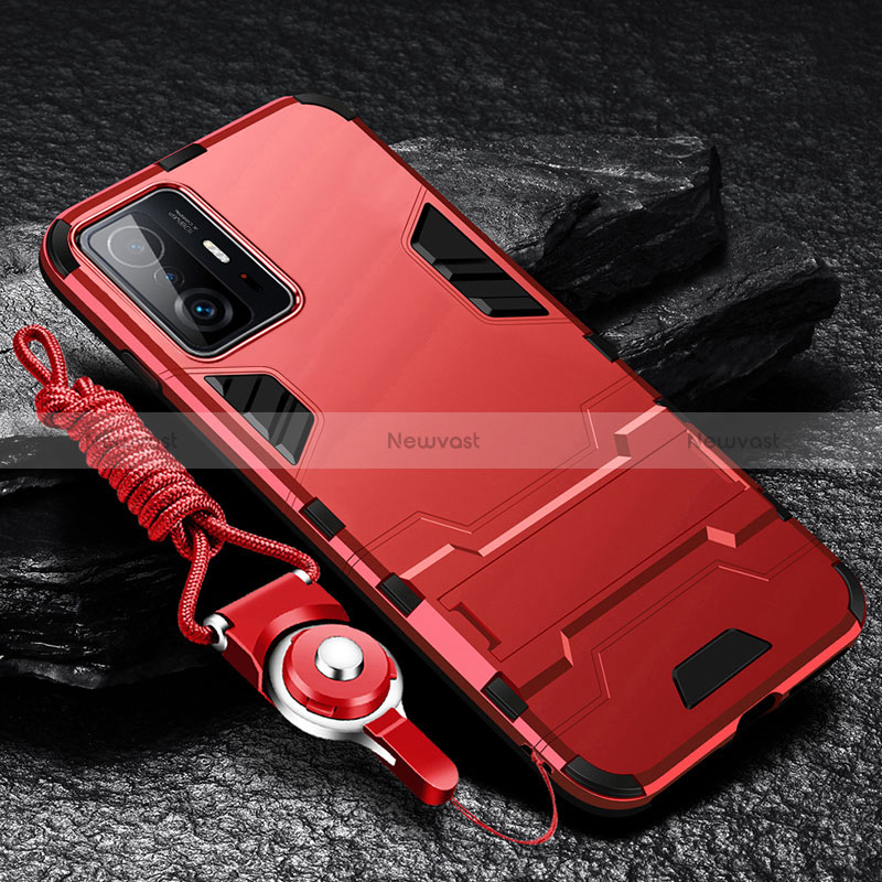 Silicone Matte Finish and Plastic Back Cover Case with Stand R01 for Xiaomi Mi 11T Pro 5G Red