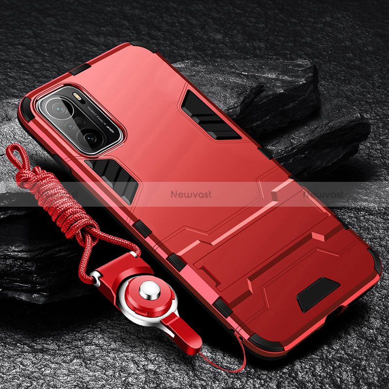 Silicone Matte Finish and Plastic Back Cover Case with Stand R01 for Xiaomi Mi 11X 5G Red