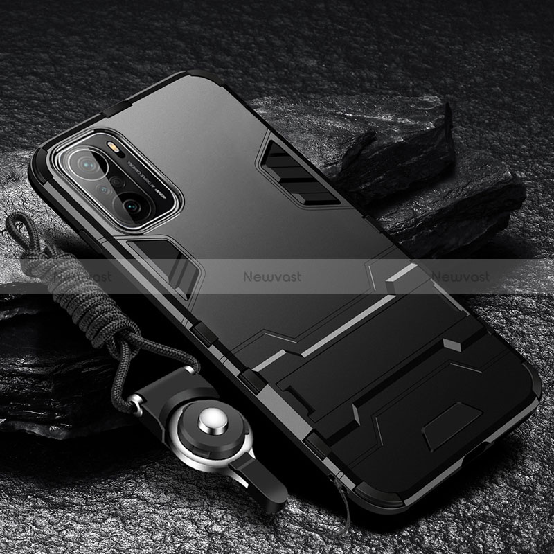 Silicone Matte Finish and Plastic Back Cover Case with Stand R01 for Xiaomi Mi 11X Pro 5G Black